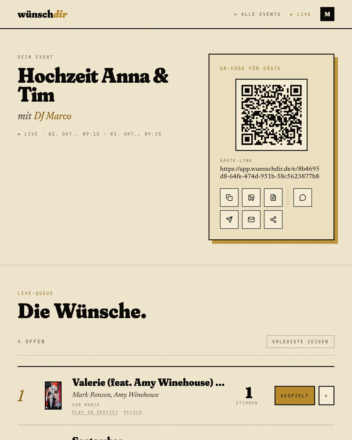 DJ Dashboard: Event mit QR-Code für Gäste